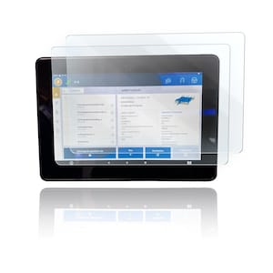 Può includere: Un tablet nero con un proteggi schermo trasparente. Lo schermo mostra un menu con il testo "Arbeitsgerät" e "Mischkreis 1 (Isobus VR)".