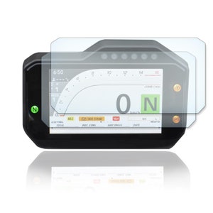 May include: A clear screen protector for a motorcycle dashboard with a digital speedometer display. The screen protector is designed to protect the dashboard from scratches and damage. The screen protector is made of a durable material and is easy to install.
