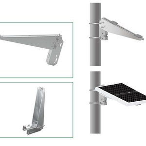 May include: A silver metal bracket for mounting a solar panel to a pole. The bracket is shown in three different positions, with the solar panel in the final position. The bracket is designed to be adjustable, allowing the solar panel to be angled for optimal sun exposure.
