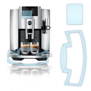 May include: A silver and black Jura coffee machine with a digital display and two glass cups filled with coffee. The machine has a drip tray and a water tank.