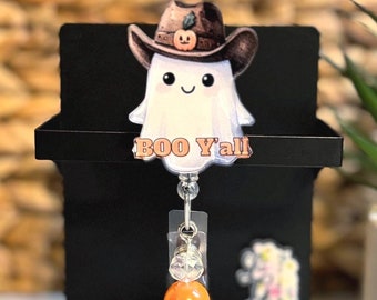 Boo Yall Ghost Badge Reel Fall Badge Cute Ghost Beads Badge Topper Cowboy Ghost Halloween Badge Acrylic Badge Cute Nurse Gift Teacher Gift