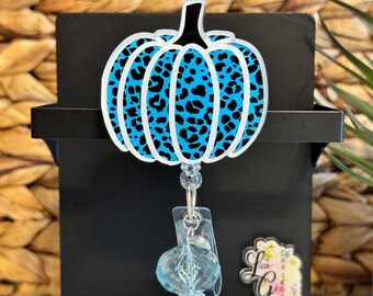 Pumpkin Badge Reel Blue Pumpkin Beads Fall Badge Cheetah Print Pumpkin Stethoscope Tag Carabiner Badge Acrylic Nurse Gift Teacher Gift