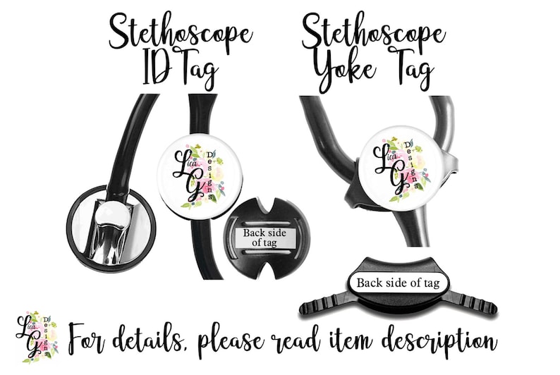 以下が含まれることがあります： 白い背景と花柄の黒い聴診器タグが2つ。タグの上に「Stethoscope ID Tag」と「Stethoscope Yoke Tag」の文字が表示されています。「Back side of tag」の文字が各タグの裏側に表示されています。