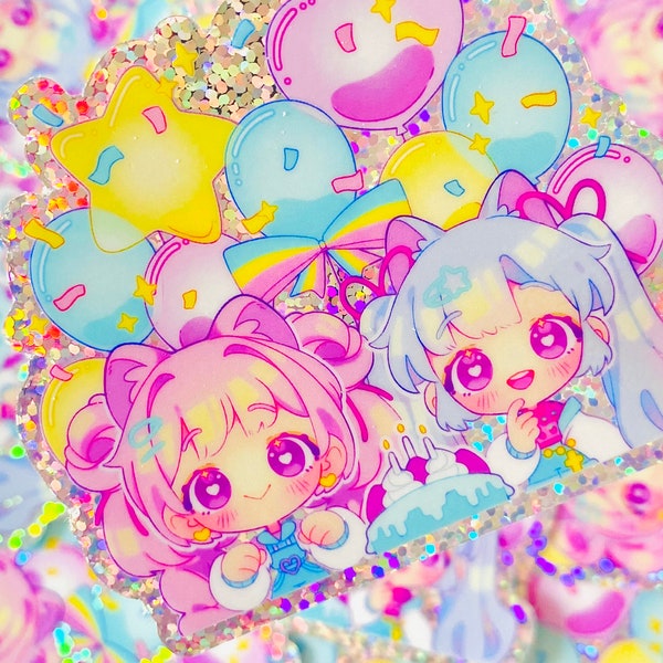 Balloon Party Kawaii Holographic Glitter Sticker, Weatherproof