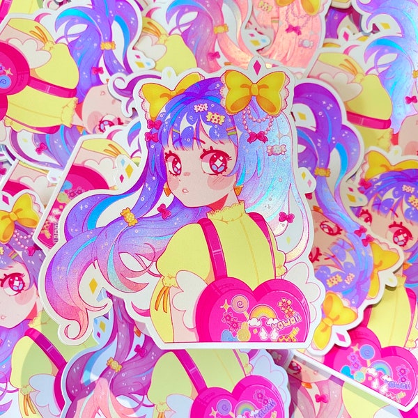 Holographic Kawaii Girl Sticker, Weatherproof