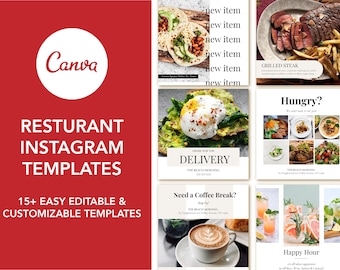 May include: A collection of nine Instagram post templates for restaurants. The templates feature images of food, drinks, and text overlays. The text includes "New Item", "Grilled Steak", "Hungry?", "Order Now for Delivery", "Need a Coffee Break?", and "Happy Hour".