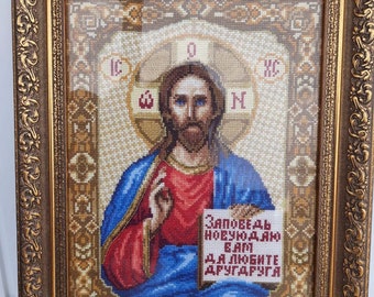 Hand-embroidered cross stiched Russian Orthodox icon of the Savior Jesus Christ Pantokrator