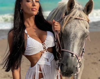 Queen of Sparta Macrame Dress: Boho Festival Outfit, Beach Goddess Rave Wear, Coachella Style