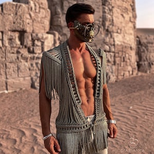 Achilleas Vest. Festival outfit men, Men vest, Burning man top, Mens clothing, Rave outfit men, Burning man outfit men, Macrame top, Boho.