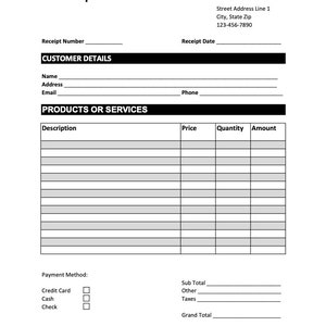 Receipt Template. PDF/Excel. Receipt Form. Printable Customer Receipt.