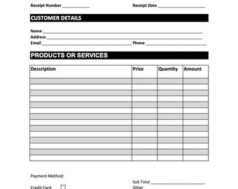 Druckbare Quittung Vorlage, bearbeitbare PDF / Excel Form