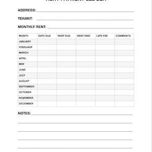Rent Payment Ledger. Rental Payment Tracker. Monthly Rent Payment ...