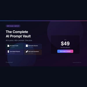 Può includere: Una pubblicità digitale per "The Complete AI Prompt Vault" con uno sfondo sfumato viola scuro e blu. L'annuncio evidenzia quattro pacchetti con oltre 460 prompt, con un pagamento unico di 49 €. Il testo "Get Instant Access" è su un pulsante.