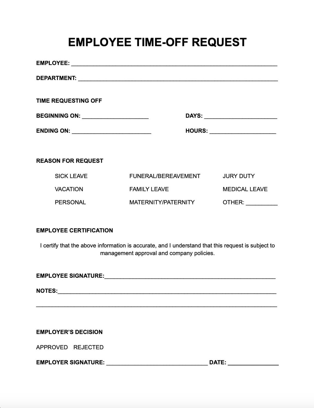 Employee time off request template vacation request form pto request