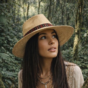 May include: A straw fedora hat with a decorative band featuring red, black, and white patterns. The hat has a wide brim and a structured crown. The hat is worn by a person with long dark hair.