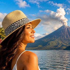 May include: A beige straw fedora hat featuring a wide black and white woven band with a geometric diamond pattern. The hat has a structured crown and a slightly downturned brim, providing a classic look with a detailed monochromatic trim.