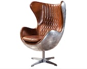 Aviator Mid Century Modern Classic Arne Jacobsen Style Egg Replica Lounge Chair with Premium Brown PU Leather and Polished Aluminum Frame
