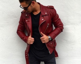 håndvask Outlook Logisk Men's Slim Fit Handmade Biker Red Real Leather Jacket - Etsy