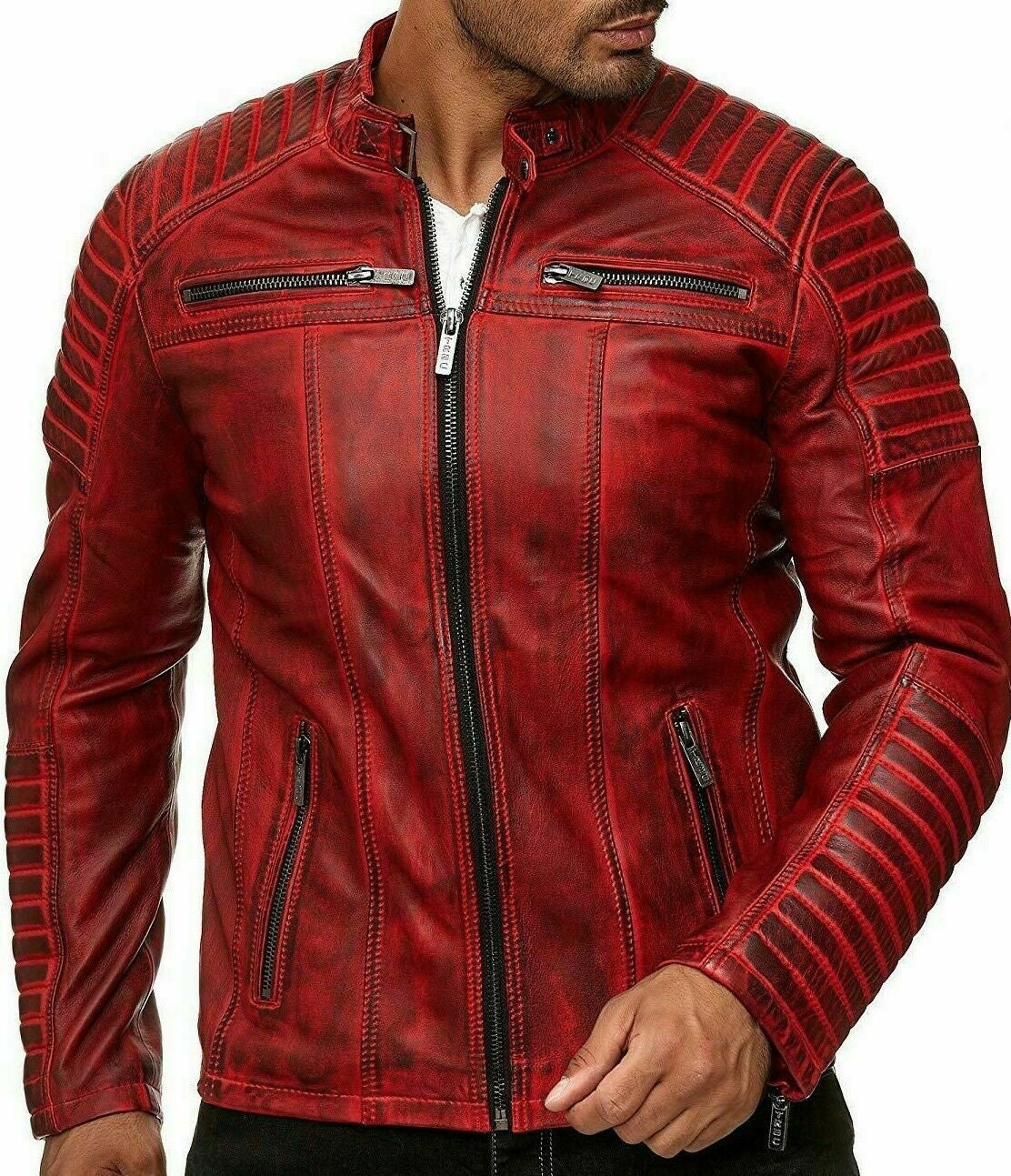 Men Handmade Genuine Leather Slim Fit Red Biker Jacket New 