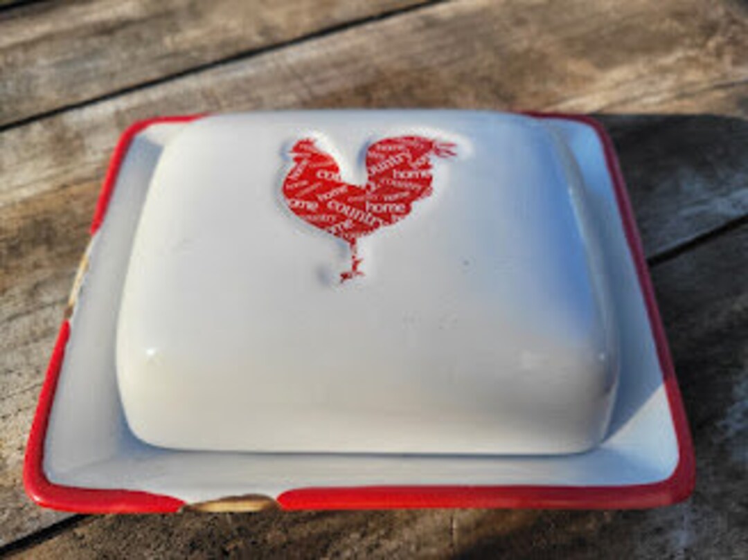 Red Rooster Butter Dish Etsy
