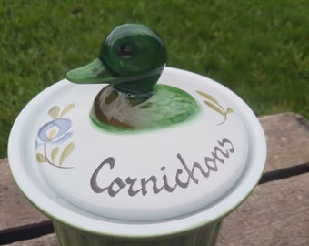 French  Desvres Fourmaintreaux  cornichon jar with Mallard Duck
