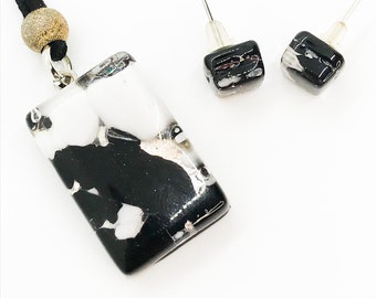 Elena Set Pendants + Earrings - Murano Glass - Black, White, Silver Leaf