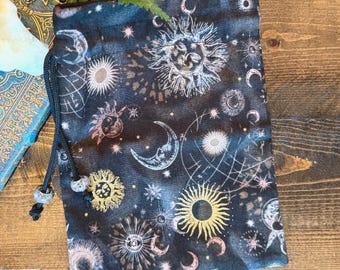 Tarot Card Tarot Deck Bag Drawstring Pouch - Charcoal suns moons, stars, celestial, mystical