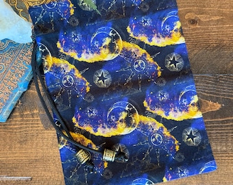 Tarot Card Tarot Deck Bag Drawstring Pouch - Blue, black, golden sky, moon, sun, stars, celestial