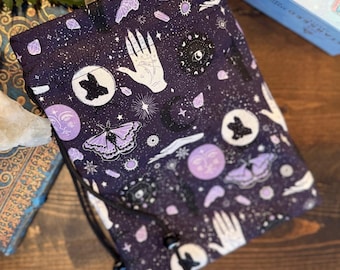 Tarot Card Tarot Deck Bag Drawstring Pouch - Dark Purple Glitter Mystical hands, moths, crystals, astrology