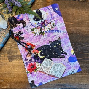 Tarot Card Tarot Deck Bag Drawstring Pouch - Black Cat, familiar, purple, lavender, mystical, mushrooms, witchy