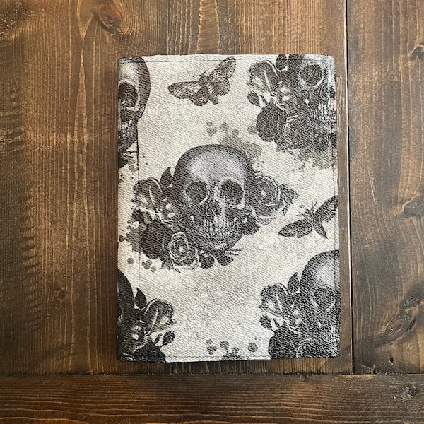 Moondance Notepad Cover, jr. legal pad cover, notepad holder - Gray with skulls and roses