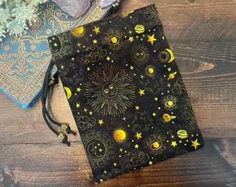Tarot Card Tarot Deck Bag Drawstring Pouch - Black with yellow orange suns, moons, astrology, stars, constellations, space