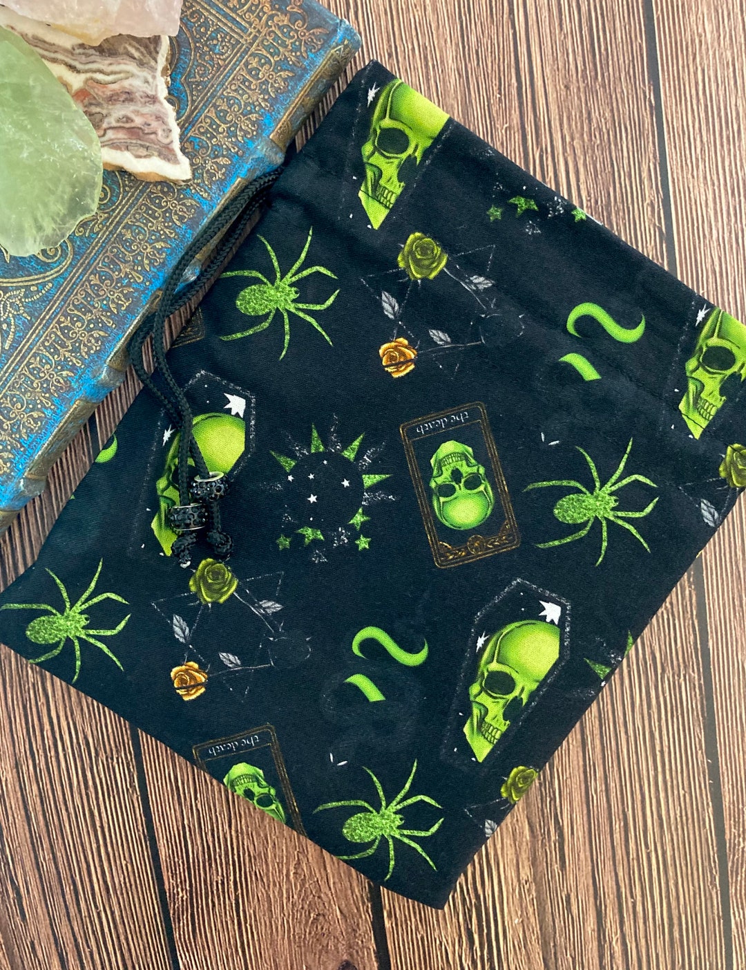 Tarot Card Tarot Deck Bag Drawstring Pouch - Black and Green Skulls ...