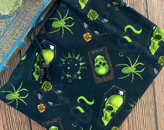 Tarot Card Tarot Deck Bag Drawstring Pouch - Black and green skulls, witchy, pentagram