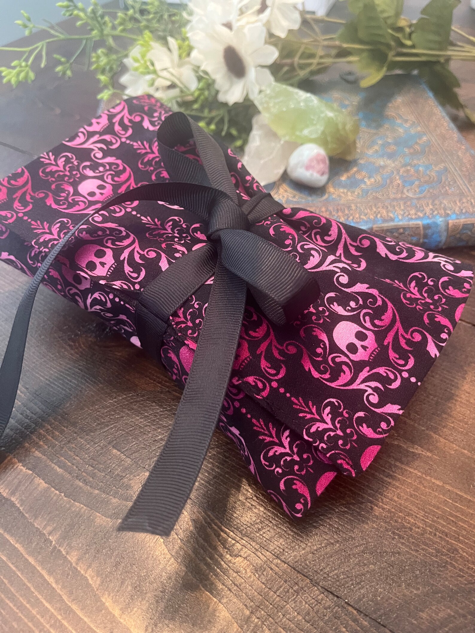 Tarot Wrap Bag Pouch - Skulls Pink Black Damask, Fancy Wallpaper ...