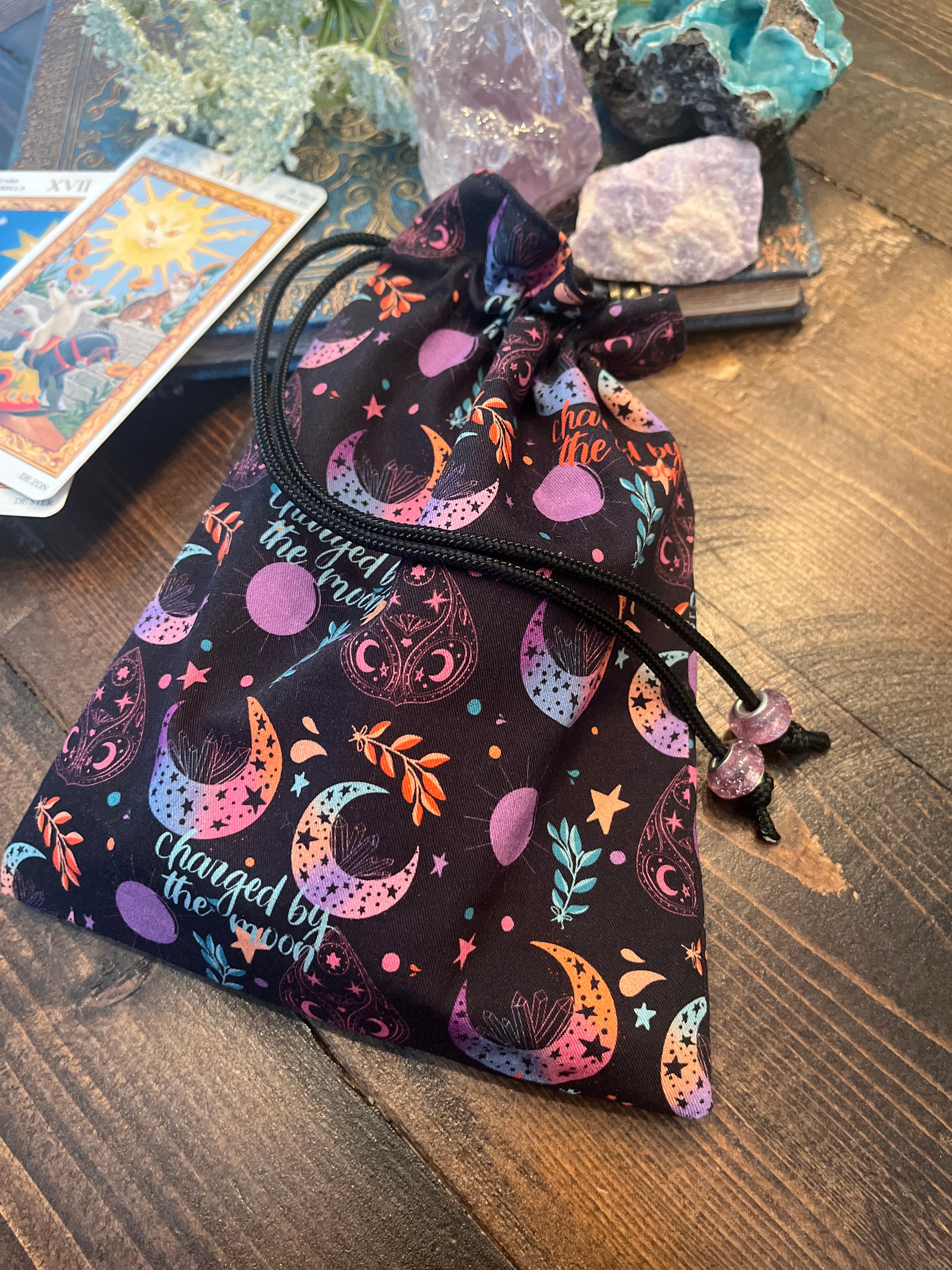 Tarot Card Tarot Deck Bag Drawstring Pouch - Moons With Pastel on Black ...