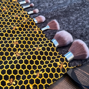 Makeup Brush Roll, Travel Make Up Brush Organizer, Travel Make Up Brush Holder, Cosmetic Brush Case Black, gray and Gold Bees honeycomb