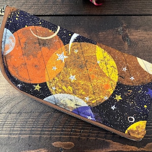 Soft, quilted Eyeglass case w/zipper - Purple Orange planets and Moons Celestial
