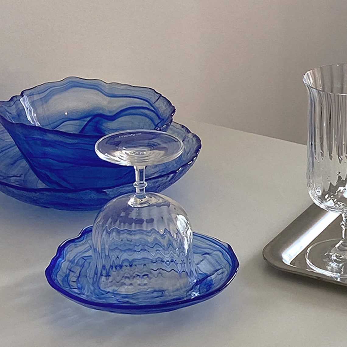 Irregular Blue Glass Plates and Bowls Desserts plates Salad Etsy