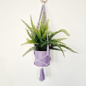 Op de afbeelding: Een lavendelkleurige macramé plantenhanger met een houten ring aan de bovenkant. Een kleine plant in een pot met groene bladeren hangt in de macramé.
