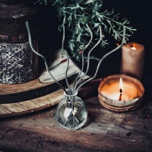 May include: A clear glass diffuser bottle with silver reeds, set on a wooden surface. A lit candle in a wooden bowl and a tall, unlit candle are in the background. The scene has a rustic, moody aesthetic.