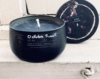 Burning Leaves Scent OCTOBER RUST Goth Candles Premium Black Soy Wax 8oz Tin Vessel Fireplace Fall Candle Type O Negative Candle Halloween
