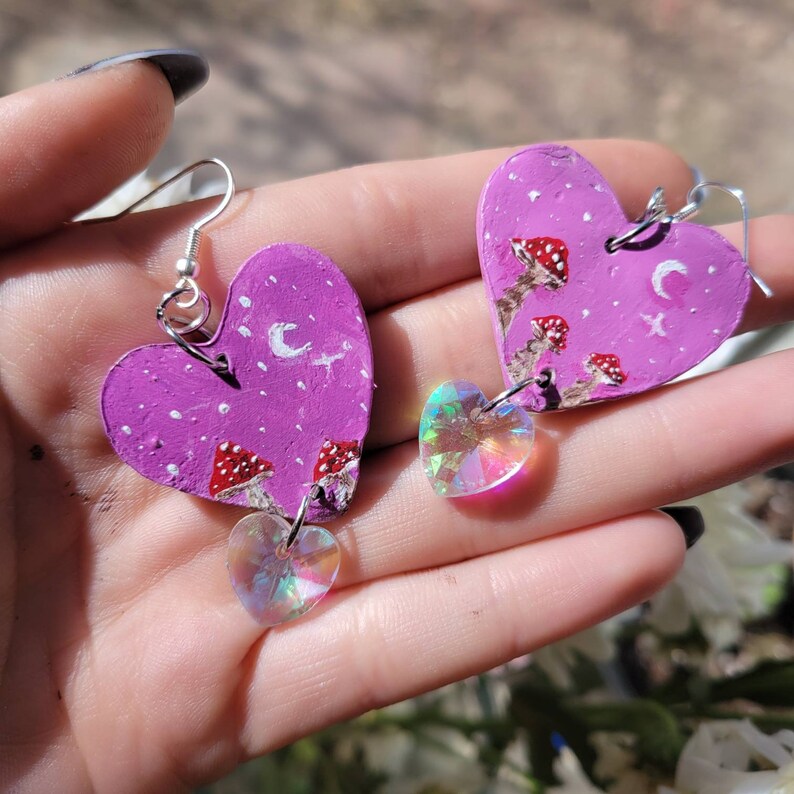 Heart shaped clay mushroom earrings