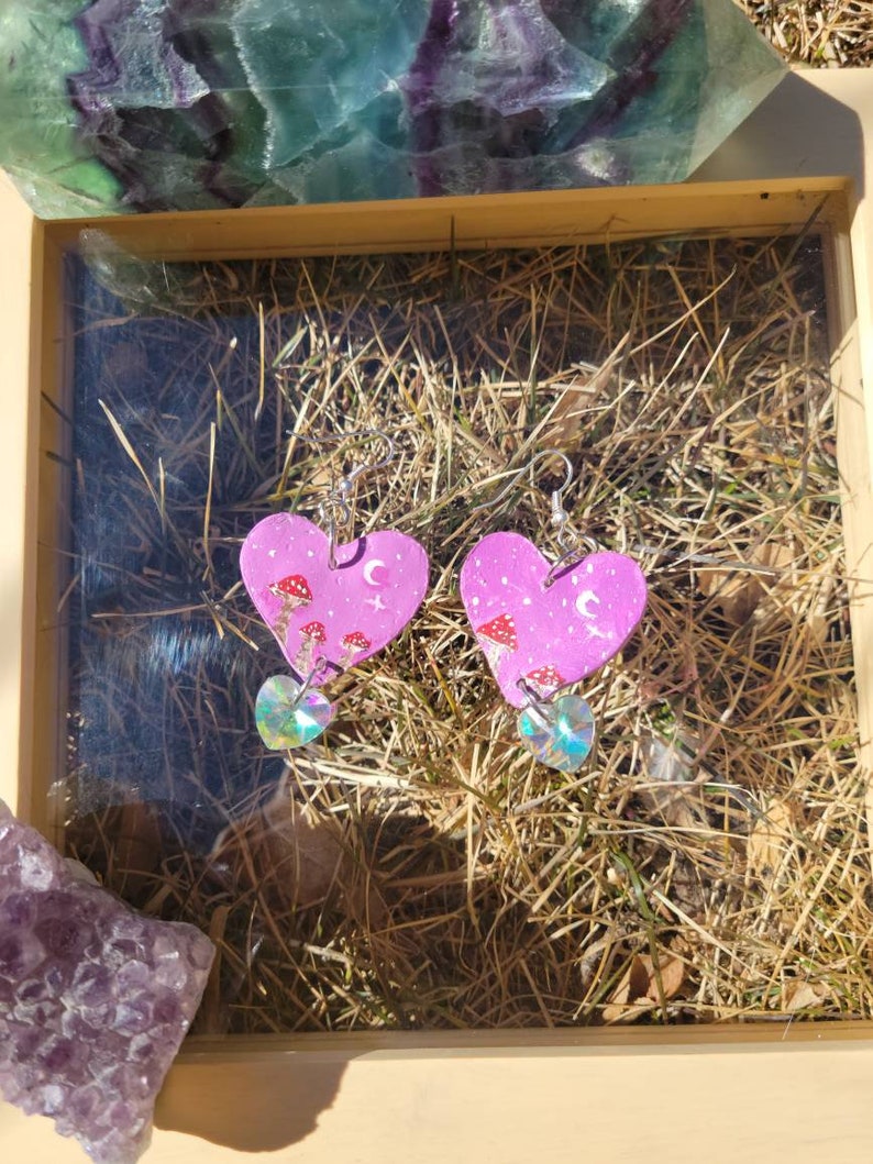 Heart shaped clay mushroom earrings