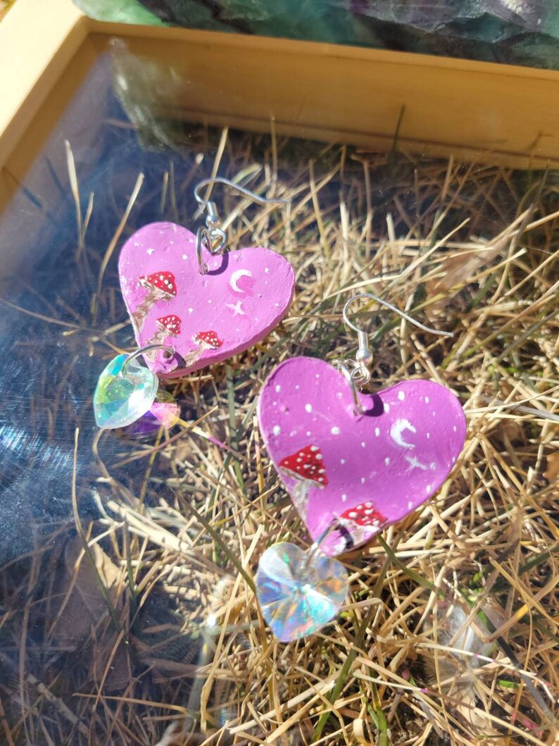 Heart shaped clay mushroom earrings