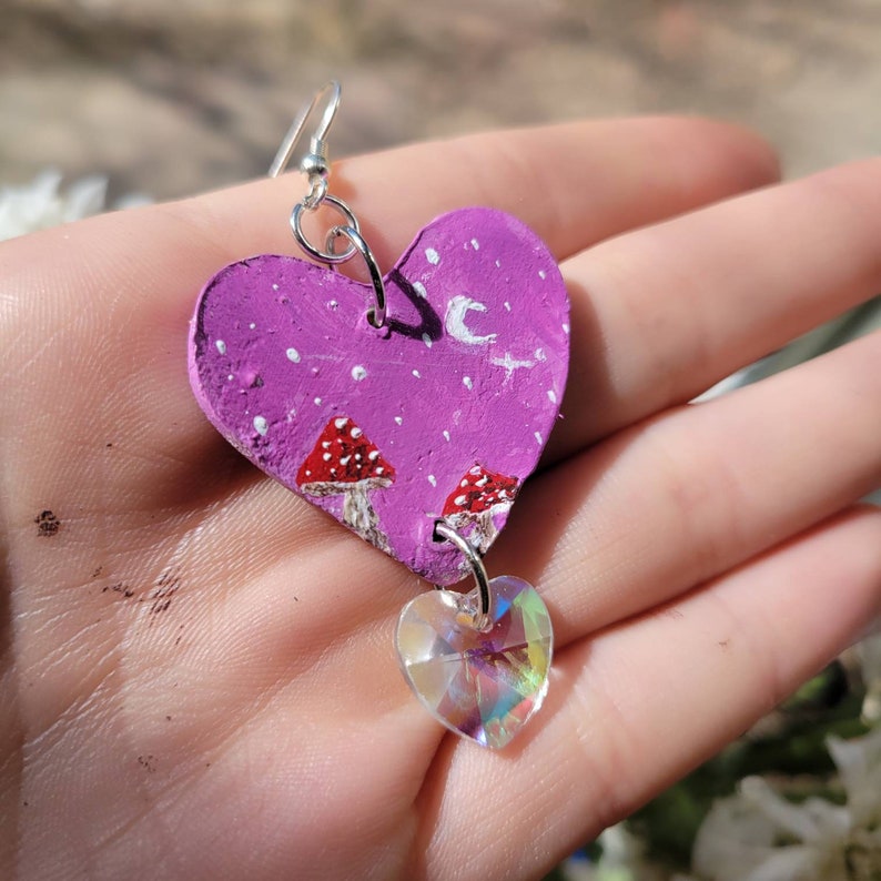 Heart shaped clay mushroom earrings