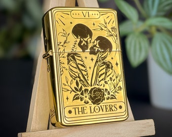 Skull Lovers Tarot Card Custom Engraved Lighter || Personalised Lighter Gift for Him And Her || Brass Flip Lighter Vintage Skeleton Lighter