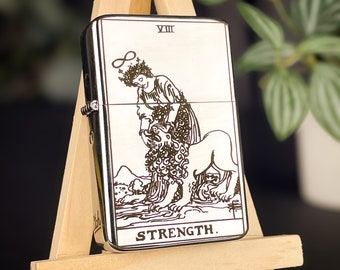 Strength Tarot Card Custom Engraved Lighter || Personalised Lighter Gift for Him & Her || Brass Flip Lighter Vintage Design || Tarot Gift