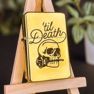 Till Death Custom Engraved Lighter || Personalised Lighter Gift for Him || Brass Flip Lighter Vintage Design || Smokers Gift Skull Rose