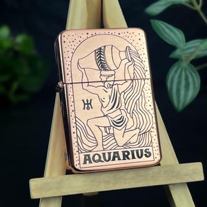 Aquarius Zodiac Star Sign Custom Engraved Lighter || Personalised Lighter Gift for Him And Her || Brass Flip Lighter Vintage Design